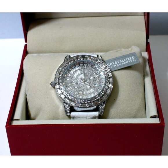 Peugeot Womens Swarovski Crystal Watch With White Leather Strap - Picture 4 of 4